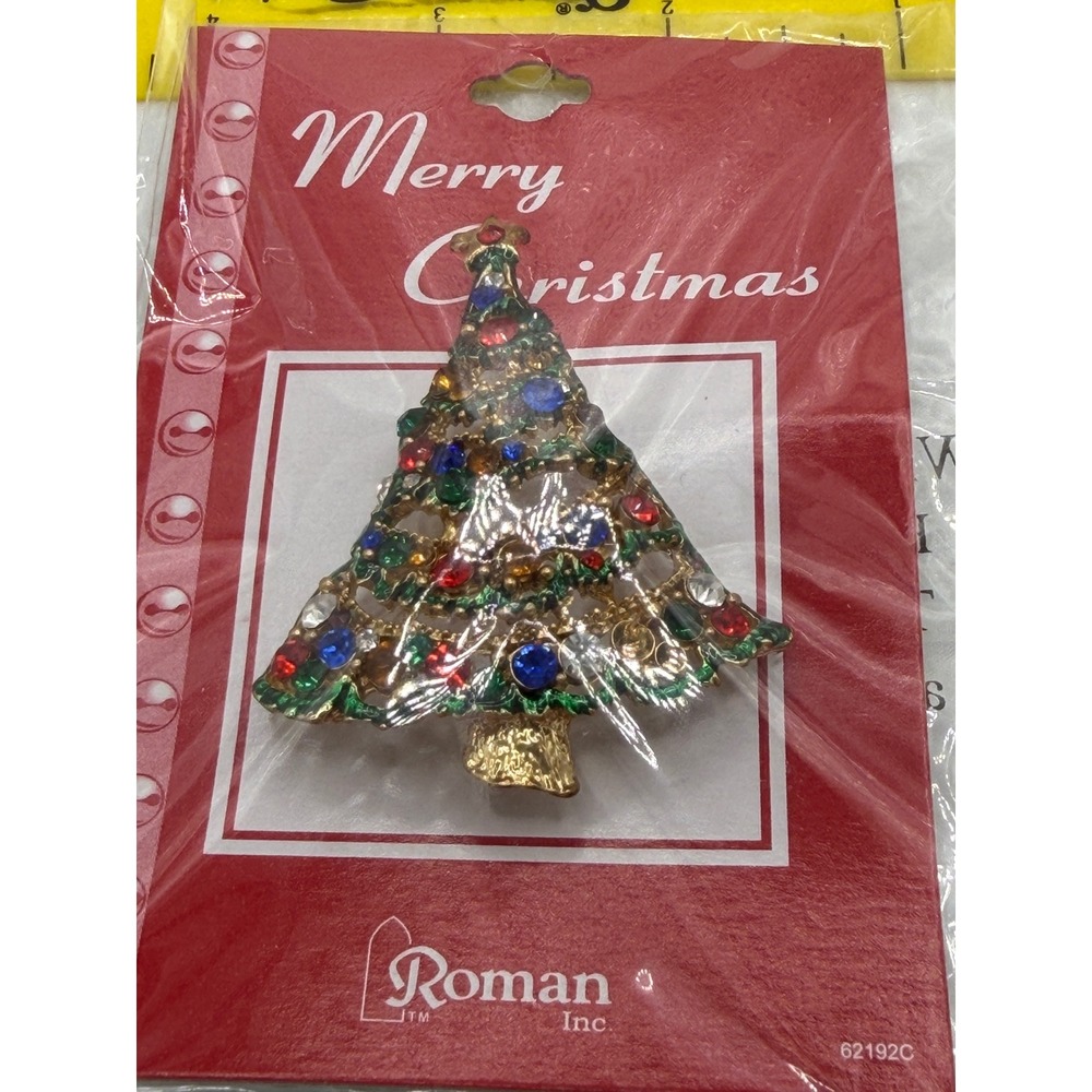 Roman Inc Christmas Tree Brooch Pin Gold-Tone Multicolor Rhinestone 62192C
